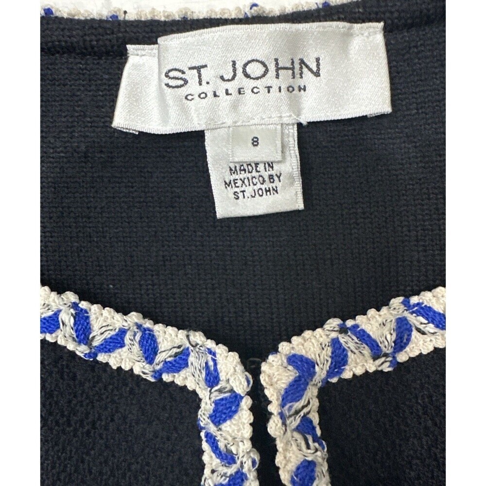 St. John Collection Wool Blend Knit Jacket Blazer Black Blue Trim 8 Open Front - Picture 5 of 9